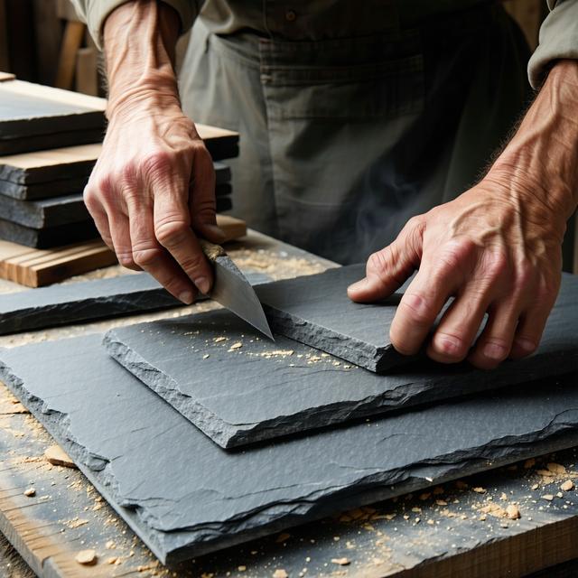 Craftsman dressing slate in workshop